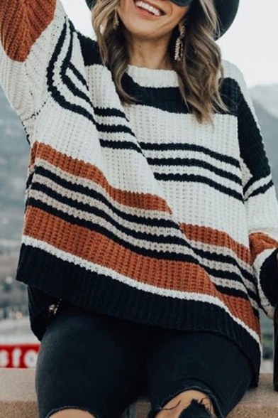 Trendy Street Girls' Long Sleeve Drop Shoulder Stripe Patterned Waffle-Knit Loose Fit Pullover Sweater Top