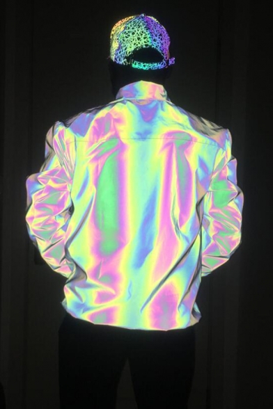Unique Rainbow Reflective Lapel Collar Long Sleeves Zip Placket Loose Fit Men's Jacket