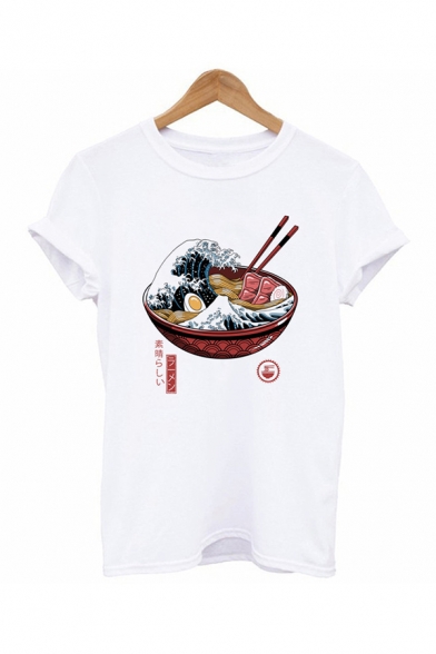 Unique Sea Wave Ramen Pattern Short Sleeves Fitted White T-Shirt for Summer