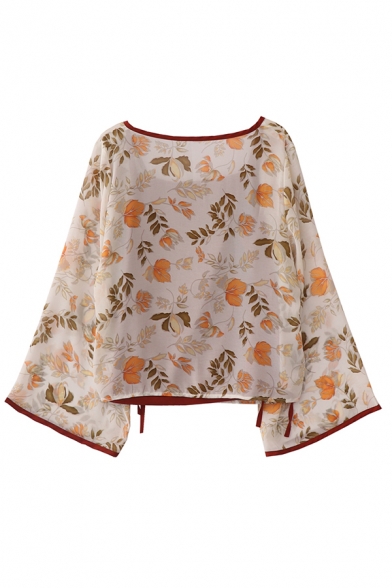Women's Pretty Apricot Bell Sleeve Surplice Neck All Over Floral Print Bow Tie Relaxed Blouse Top with Cami Top