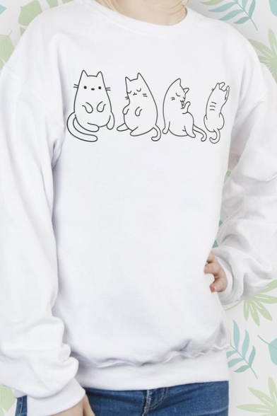 Womens Cute Cats Pattern Long Sleeve Crew Neck Pullover Sweatshirt