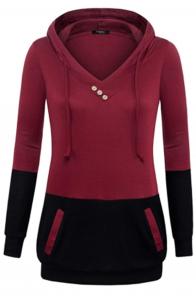 Womens Exclusive V-Neck Colorblocked Long Sleeve Drawstring Hoodie