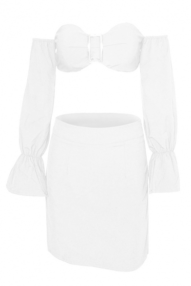 Womens Graceful Plain Off the Shoulder Bell Long Sleeve Cropped Top with Mini A-Line Skirt