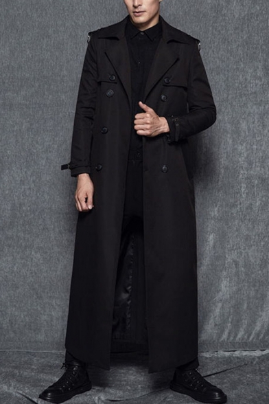 British Style Classic Long Sleeve Double Breasted Solid Color Longline Trench Coat