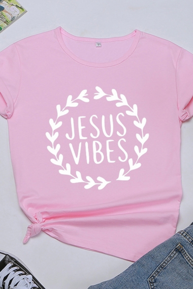 Casual Letter JESUS VIBES Printed Short Sleeve Round Neck Basic T-Shirt for Women
