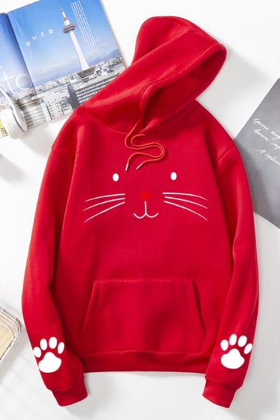 Casual Long Sleeve Drawstring Kitty Pattern Kangaroo Pocket Relaxed Fit Hoodie for Girls