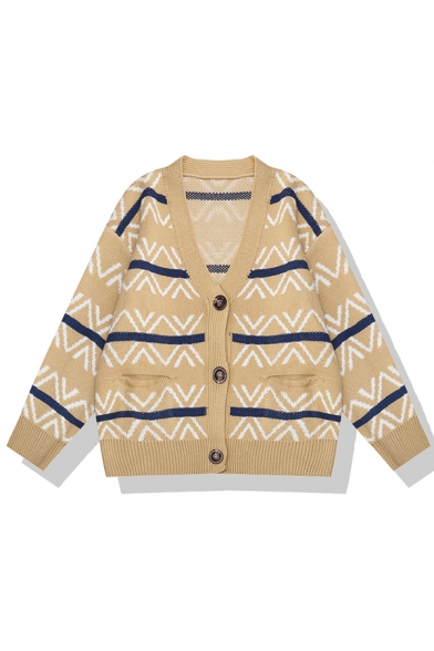 Chic Girls' Long Sleeve Deep V-Neck Zigzag Stripe Print Button Front Baggy Purl-Knit Cardigan