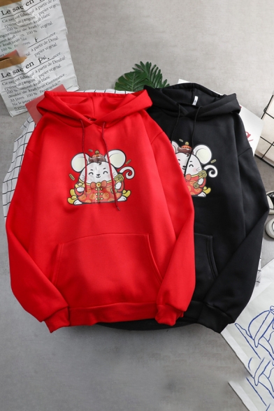 Chinese Style Long Sleeve Drawstring Kangaroo Pocket Mouse Print Relaxed Hoodie for GIrls
