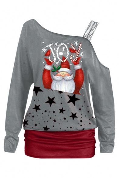 Christmas Pretty Long Sleeve One Shoulder Letter JOY Santa Claus Print Contrasted Relaxed Tee for Girls