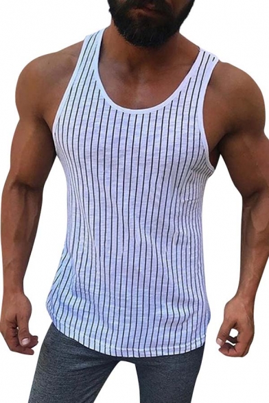 Classic Stripes Pattern Round Neck Slim Fit Sports Tank Top for Men