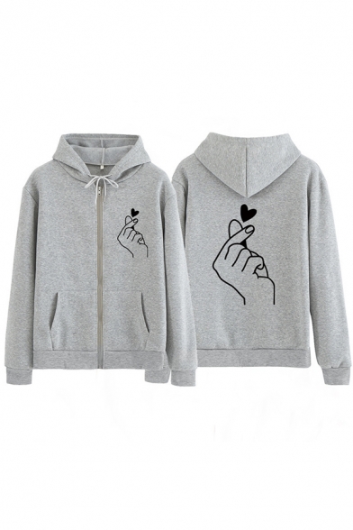 Cool Casual Long Sleeve Drawstring Finger Heart Zip Front Pockets Relaxed Hoodie for Women