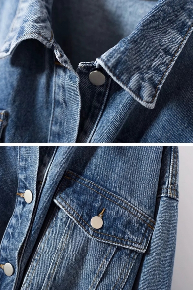 Cool Street Girls' Long Sleeve Lapel Collar Button Down Flap Pockets Elasticated Waist Loose Plain Denim Jacket