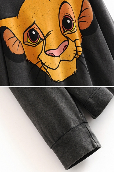 Cute Casual Black Long Sleeve Lion Patterned Plus Size Hoodie for Women