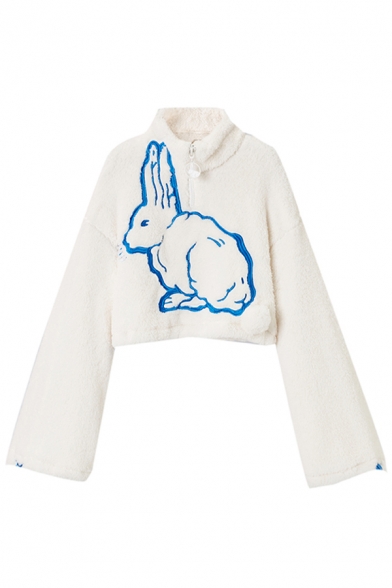 Cute Girls' Bell Sleeve High Neck Rabbit Patterned Half Zip Venonat Decoration Fluffy Loose Crop Boyfriend Sweatshirt in White