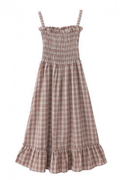 Cute Girls' Sleeveless Plaid Patterned Ruffled Trim Fitted Pleated Midi A-Line Cami Dress