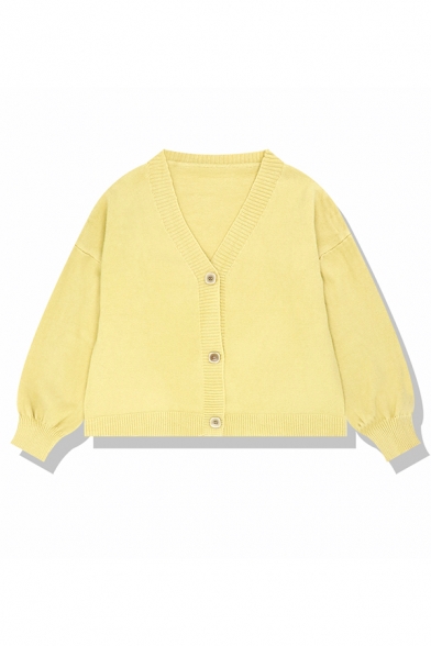 Cute Plain Blouson Sleeve V-Neck Button Down Purl-Knit Relaxed Short Cardigan for Girls
