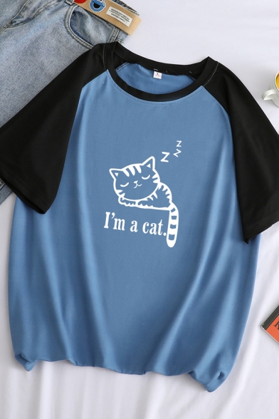 Cute Sleeping Cat I'M A CAT Letter Printed Color Block Short Sleeve Graphic T-Shirt