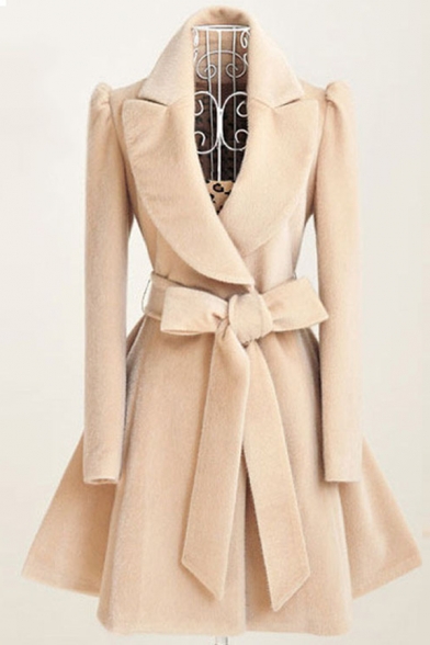 Dressy Elegant Long Sleeve Notch Collar Bow Tie Waist Pleated Plain Relaxed Wool Coat for Women