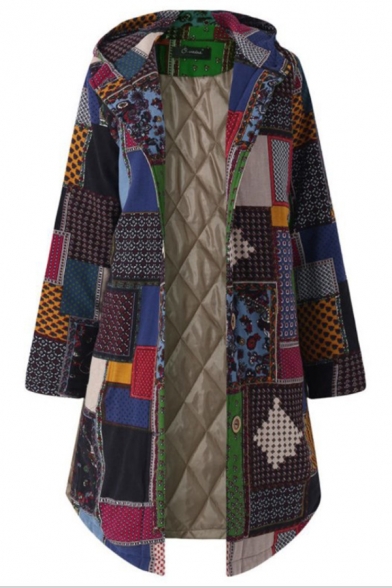 Ethnic Casual Female Long Sleeve Hooded Geo Floral Printed Button Front Oversize Midi Coat