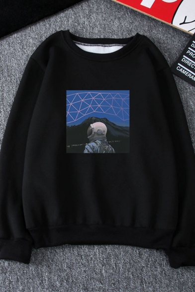 Exclusive Astronaut Mountain Geometric Print Long Sleeve Relaxed Fit Pullover Sweatshirt