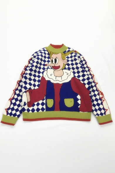 Fancy Cartoon Girl with Long Nose Pattern Long Sleeve Oversized Plaid Knit Sweater