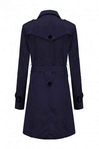 Fashion Plain Long Sleeve Lapel Neck Double Breasted Buckle Belted Flap Pockets Slim Fit Midi Trench Coat for Ladies