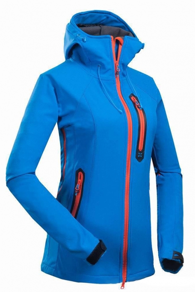 Female Sport Basic Long Sleeve Hooded Drawstring Zipper Decoration Pockets Side Contrast Piped Fitted Thick Plain Coat