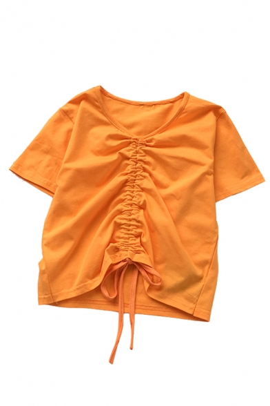Formal Plain Short Sleeve V-Neck Drawstring Slim Fit T Shirt for Girls