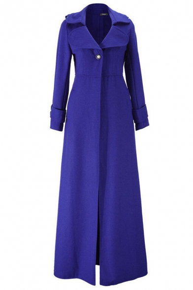 Formal Warm Long Sleeve Notch Collar Button Detail Slim Fit Maxi Wool Coat for Ladies