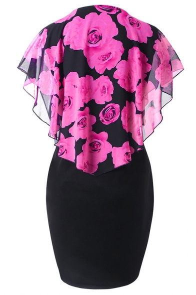 Formal Women's Batwing Sleeve Round Neck Floral Printed See-Through Mesh Patched Mid Tight Dress