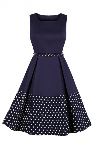 Formal Women's Sleeveless Round Neck Zipper Back Polka Dot Print Contrasted Buckle Belted Midi Pleated Flared Dress