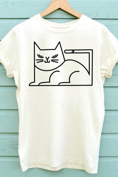 Funny Minimal Cat Printed Short Sleeve Crew Neck Slim Fit Leisure T-Shirt