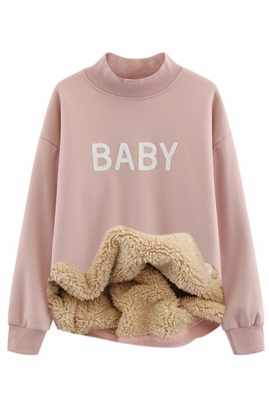Girls' Cute Long Sleeve Mock Neck Letter BABY Style Fluff Liner Baggy Pullover Sweatshirt in Pink