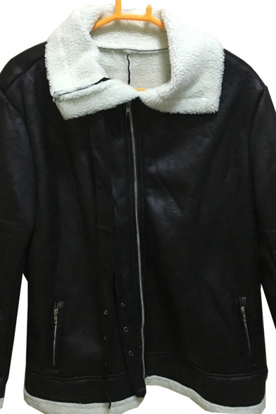Hot Popular Sherpa Lined Lapel Collar Long Sleeve Zip Up Thick PU Leather Jacket Coat