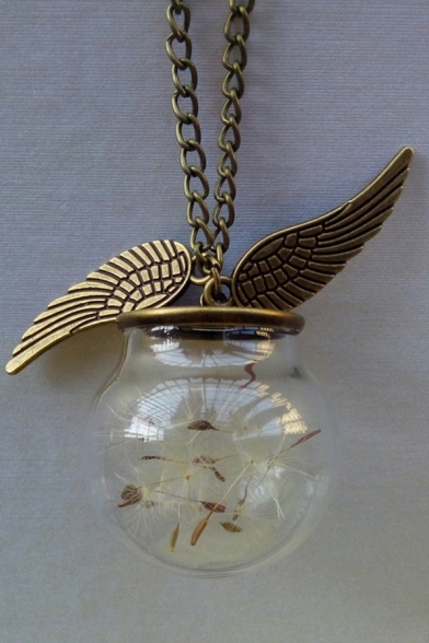 Angel Wings Dandelion Seeds Glass Wish Bottle Pendant Vintage Necklace