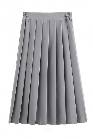 Ladies' Pretty Grey High Waist Button Zipper Front Midi Pleated A-Line Skirt
