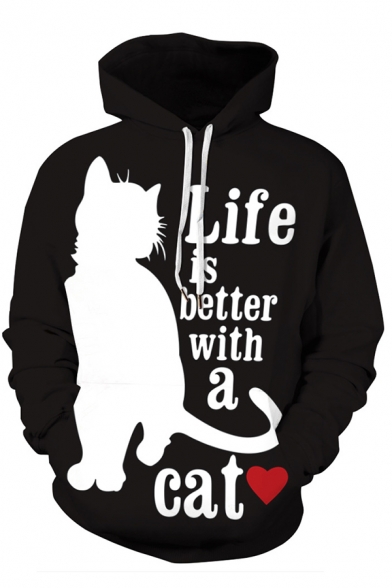 LIFE IS BETTER WITH A CAT Letter 3D Printed Long Sleeve Black Graphic Hoodie