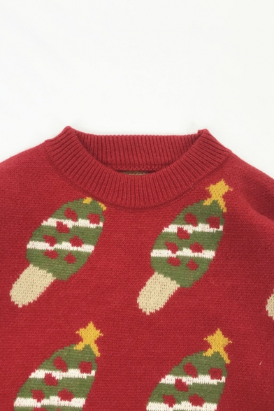 Lovely Christmas Tree Ice Pop Printed Long Sleeve Relaxed Fit Boucle Knit Sweater