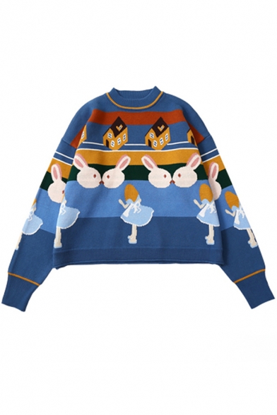 Lovely Girl and Rabbit Printed Long Sleeve Round Neck Loose Fit Blue Cartoon Sweater
