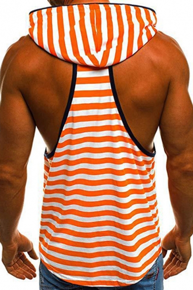 Mens Active Contrast Trim Stripes Pattern Sleeveless Drawstring Hoodie for Summer