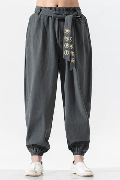 Mens Chic Chinese Letter Embroidery Belted Harem Pants Linen Baggy Trousers