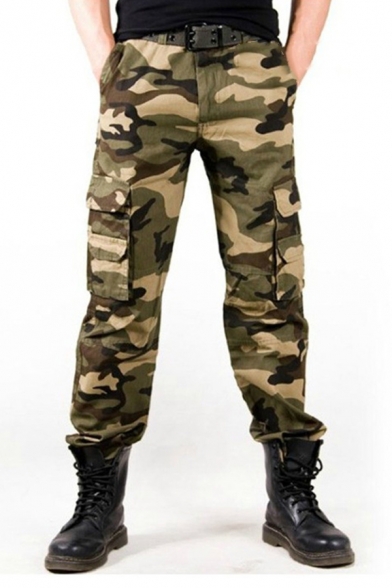 Mens Popular Camouflage Printed Multi Pocket Zipper Loose Casual Cotton Pants
