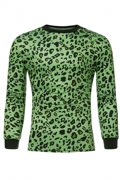 Metrosexual Men's Leopard Pattern Contrast Trim Round Neck Long Sleeve Fitted T-Shirt