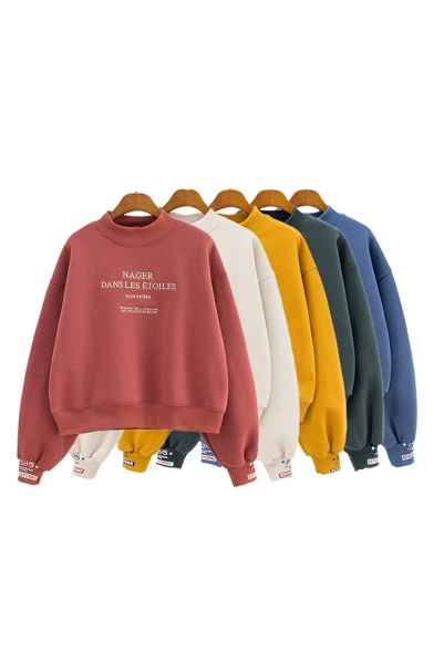 New Trendy Letter NAGER DANS LES ETOILES Long Sleeves Relaxed Fit Pullover Sweatshirt