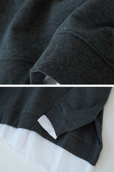 Plain Cozy Long Sleeve Crew Neck False Two-Piece Asymmetric Baggy Pullover Sweatshirt for Female