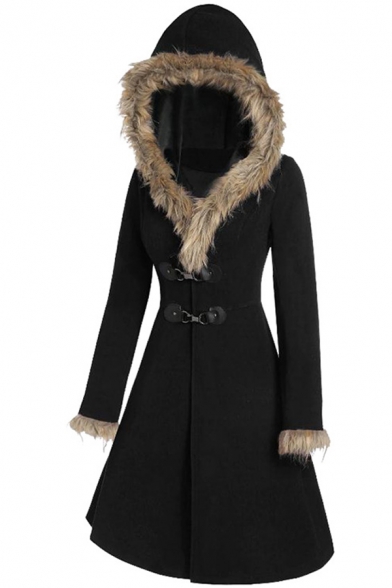 Plain Vintage Long Sleeve Hooded Buckle Front Shearling Fleece Trim Fitted Midi A-Line Wool Coat for Women