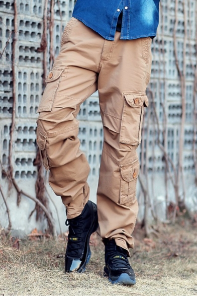 Popular Camo Print Flap Pocket Solid Color Straight Fit Cotton Trousers Military Pants