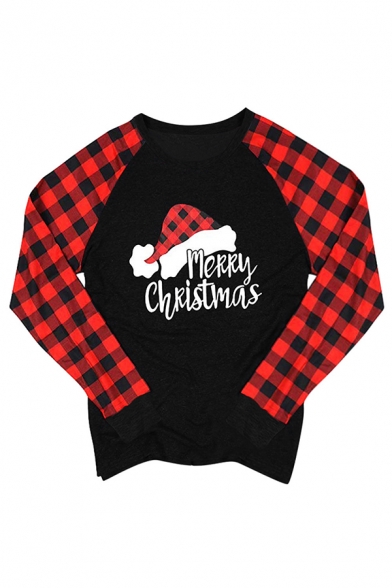 Popular Girls' Long Sleeve Crew Neck Letter MERRY CHRISTMAS Hat Graphic Plaid Pattern Patched Relaxed T-Shirt