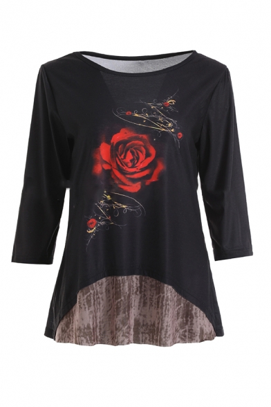 Popular Three-Quarter Sleeve Round Neck Rose Patterned Patched Loose Tee for Girls