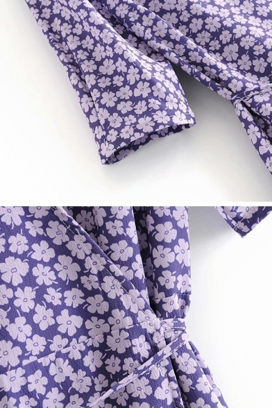 Pretty Purple Short Sleeve Surplice Neck Bow Tie Waist All Over Floral Printed Short Wrap A-Line Dress for Ladies